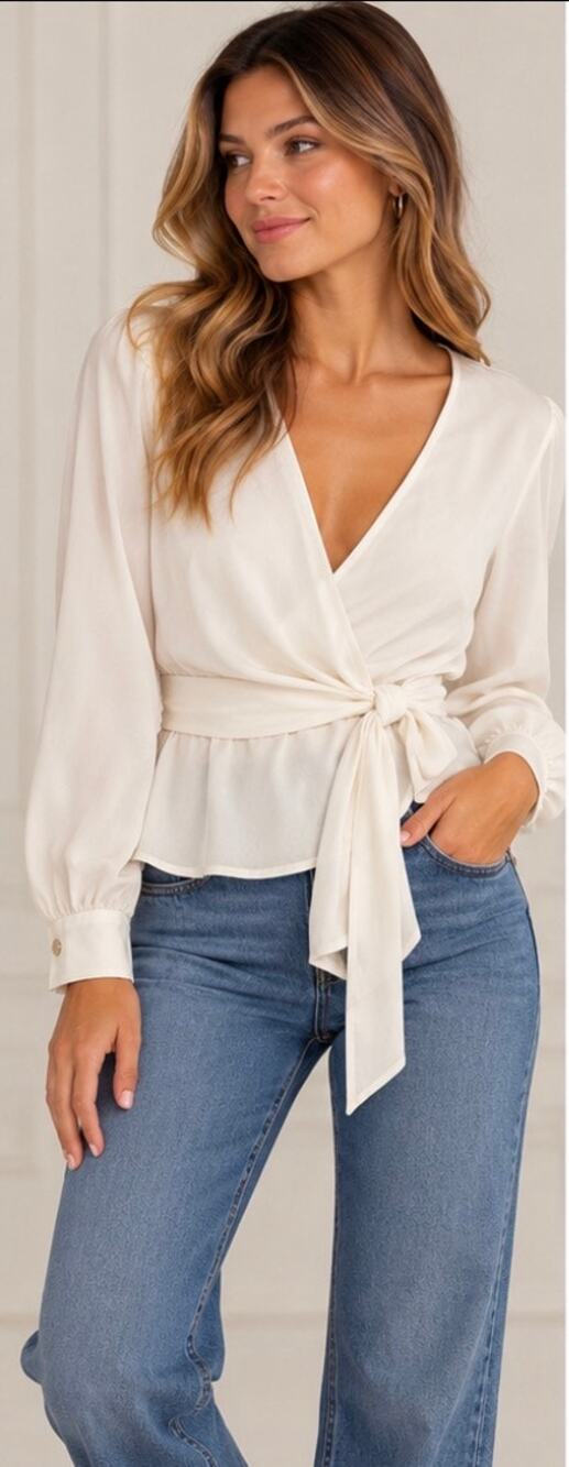 Ann Taylor Ivory Wrap Blouse Tie Waist Long Sleeve Size 2